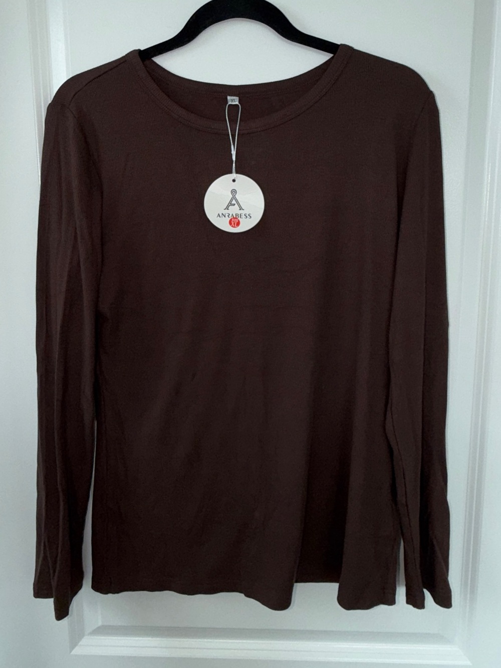 NWT ANRABESS Brown Ribbed Long Sleeve Crewneck Top XL Stretch Slim Fit
